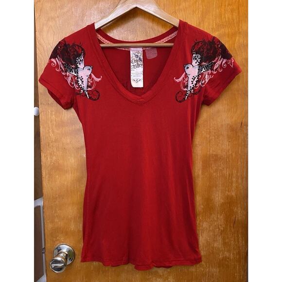 Vintage Y2K Crash And Burn Emo Mcbling Tattoo Alt Studded Mall Punk T Shirt Sz S - Picture 3 of 8